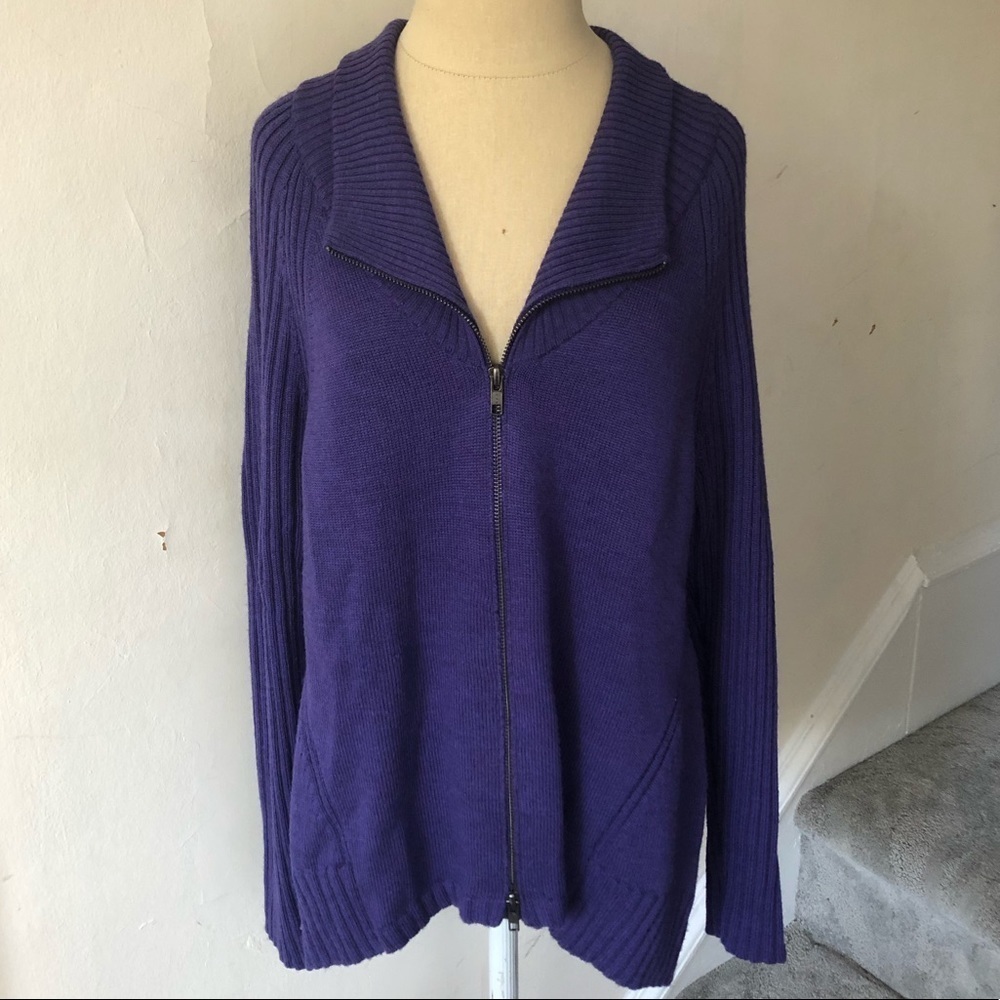 Eileen Fisher Purple 100% Merino Wool Ribbed Sleeve Zip Up Sweater EUC Size PM